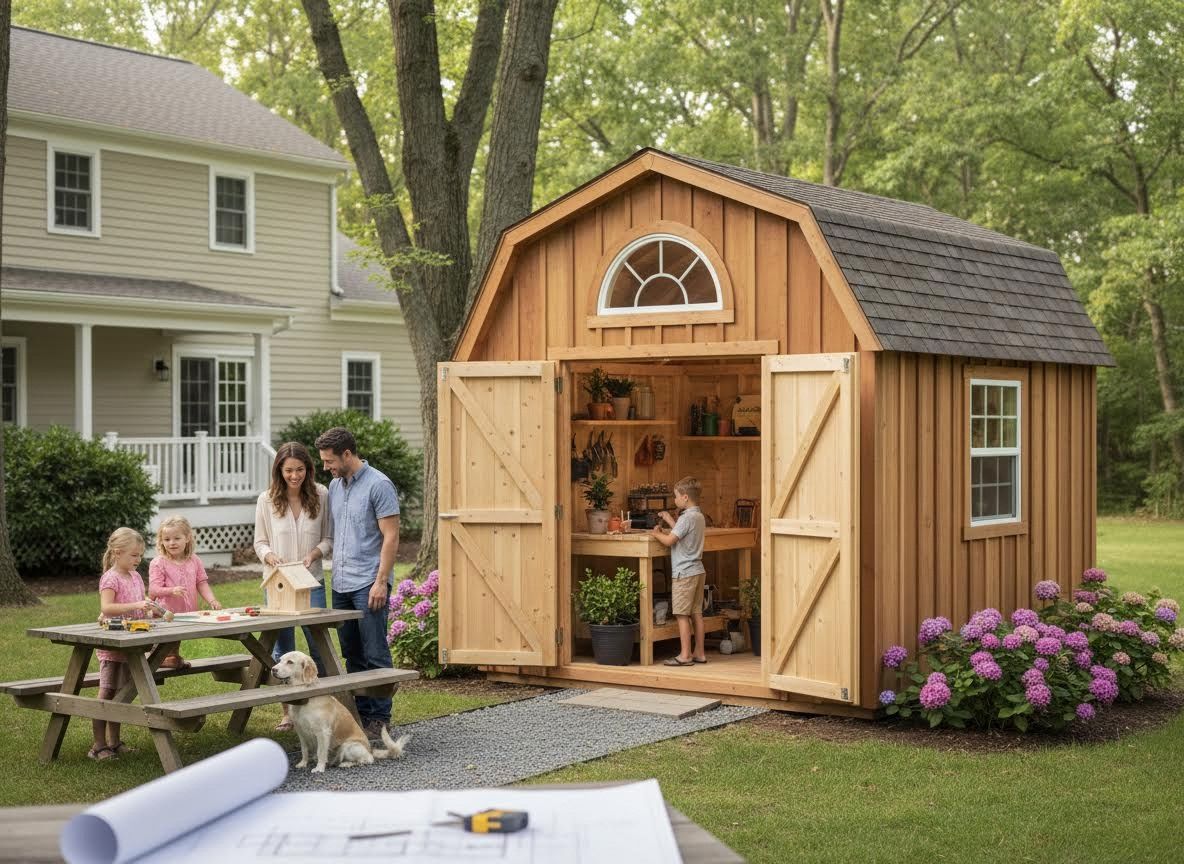 Family enjoying backyard activities with a garden shed