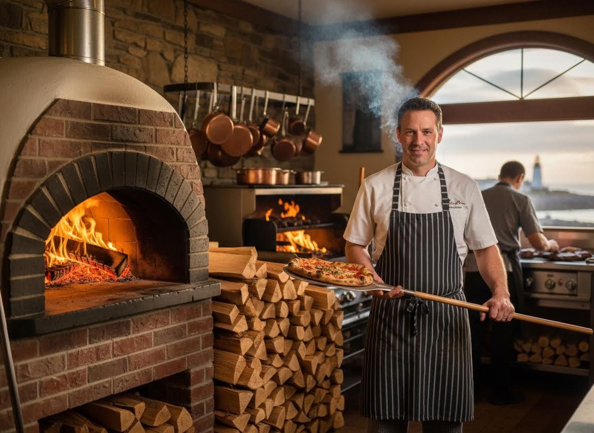 Smiling Chef with Wood-Fired Pizza