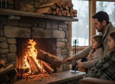 Father and Daughters by Fireplace