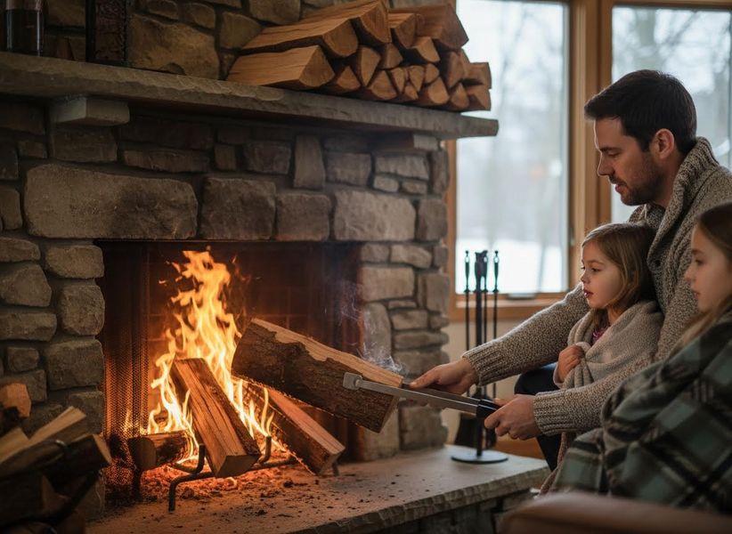 A father uses tongs to add a log to a warm stone fireplace as his two young daughters watch on a cold winter day. Father and Daughters by Fireplace