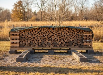 Large Firewood Stack Covered with Tarp