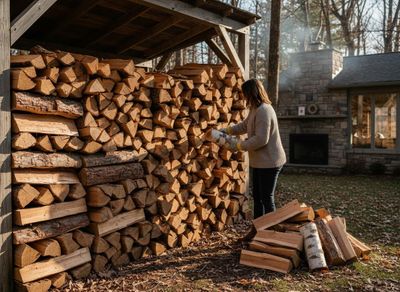 Woman Stacking Firewood for a Cozy Home