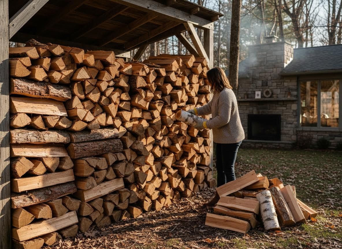 Woman Stacking Firewood for a Cozy Home