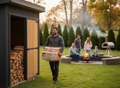 A man carries firewood from a stylish, dark gray shed towards a family enjoying a fire pit and pizza oven in their backyard. Man carrying firewood from modern shed for family campfire