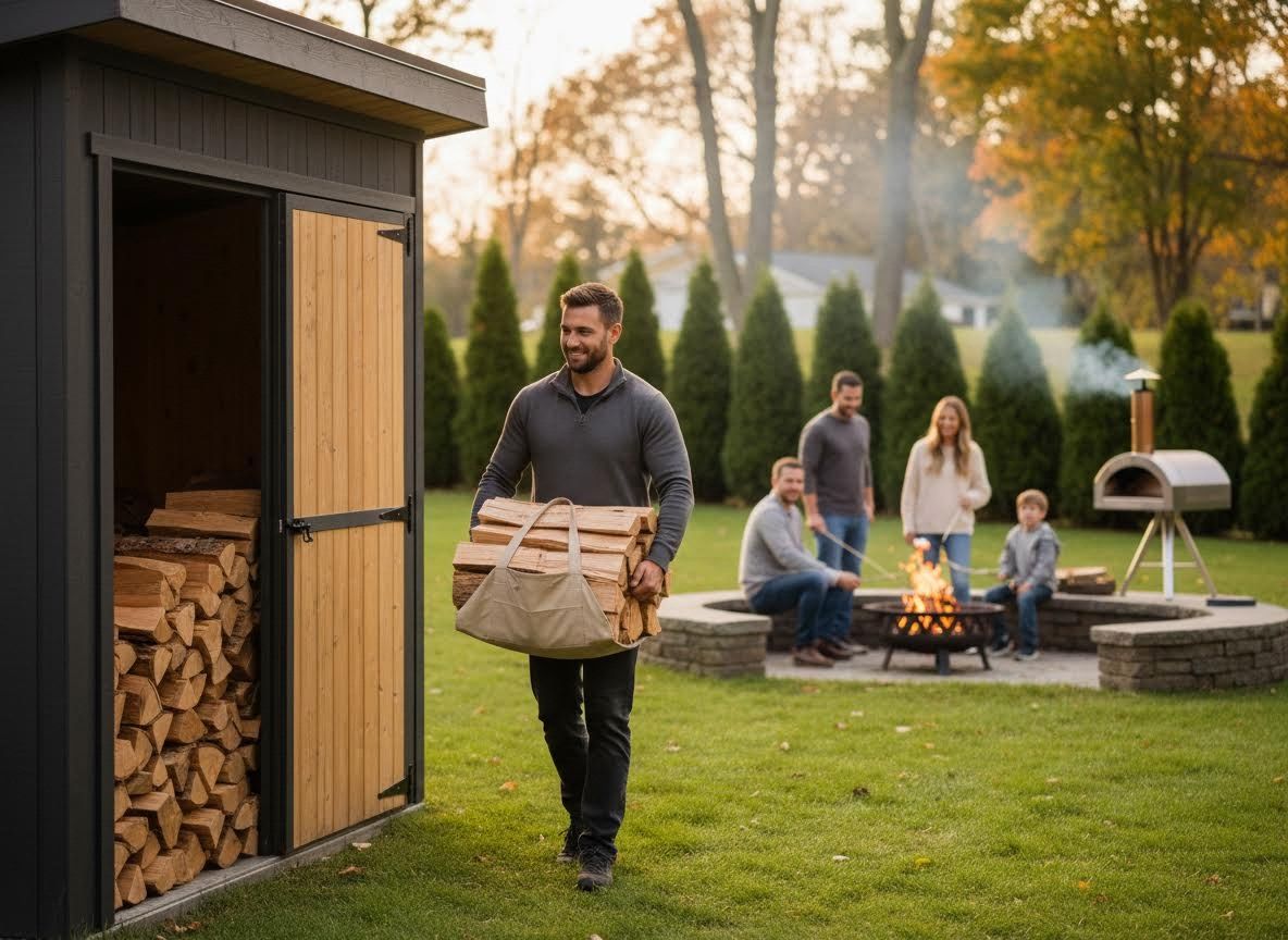 Man carrying firewood from modern shed for family campfire
