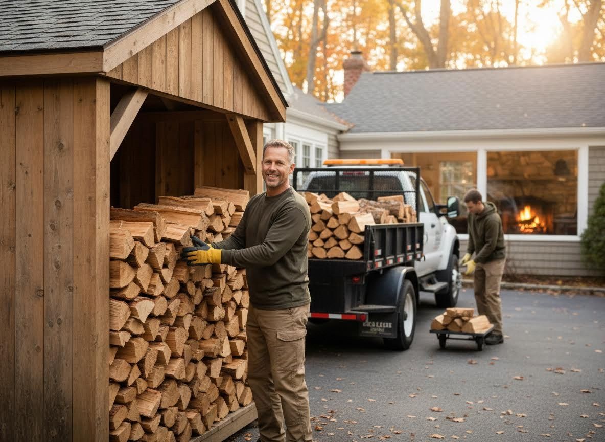 Men stacking firewood in a woodshed with a truck