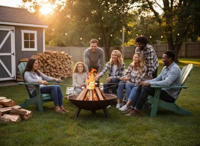 A diverse group of adults and a child happily roast marshmallows around a backyard fire pit at sunset, with a shed and firewood in the background. Friends and Family Roasting Marshmallows at Sunset