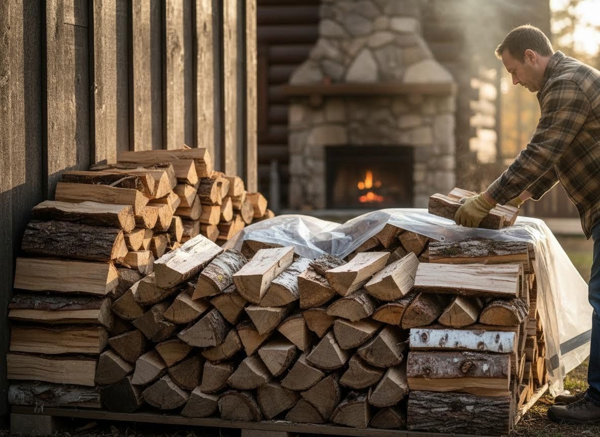 Man Stacking Firewood by a Cabin Fireplace