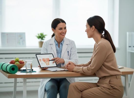 Female doctor discusses health with patient using a tablet
