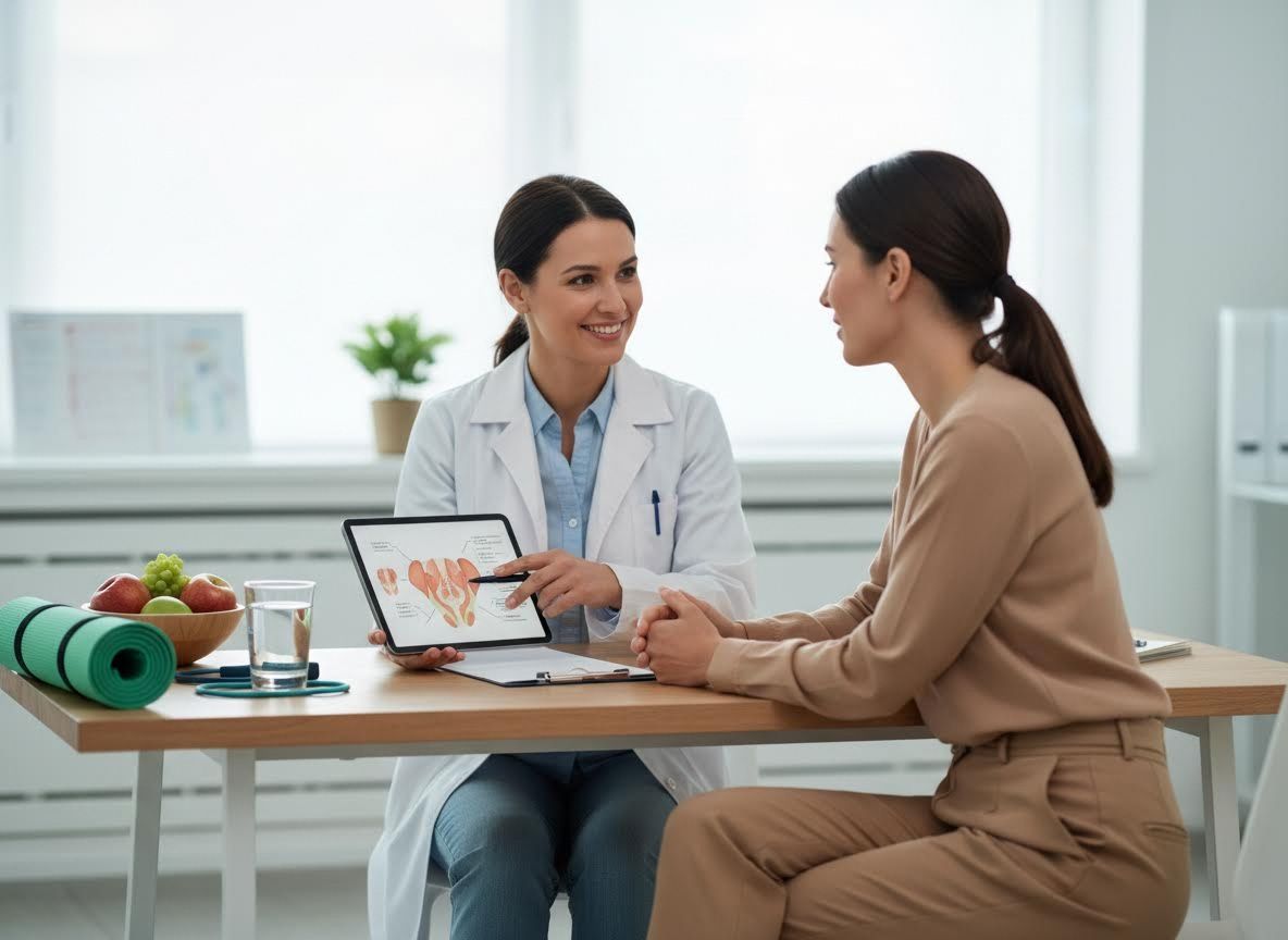 Female doctor discusses health with patient using a tablet