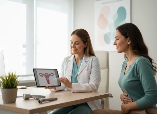 Doctor Explaining Female Reproductive System Diagram to Patient