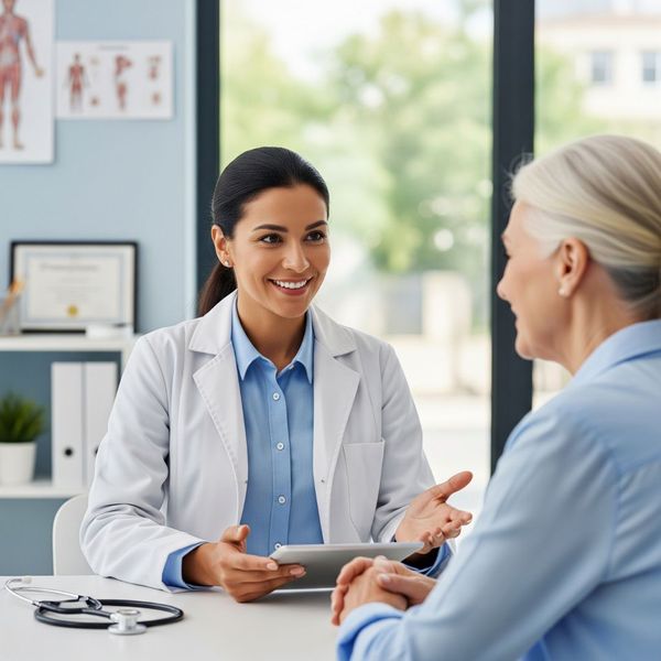 A female doctor in a white coat discusses preconception care with a patient