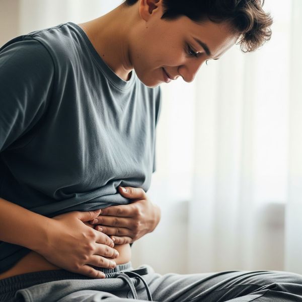 A person gently holding their lower abdomen, indicating mild, localized discomfort
