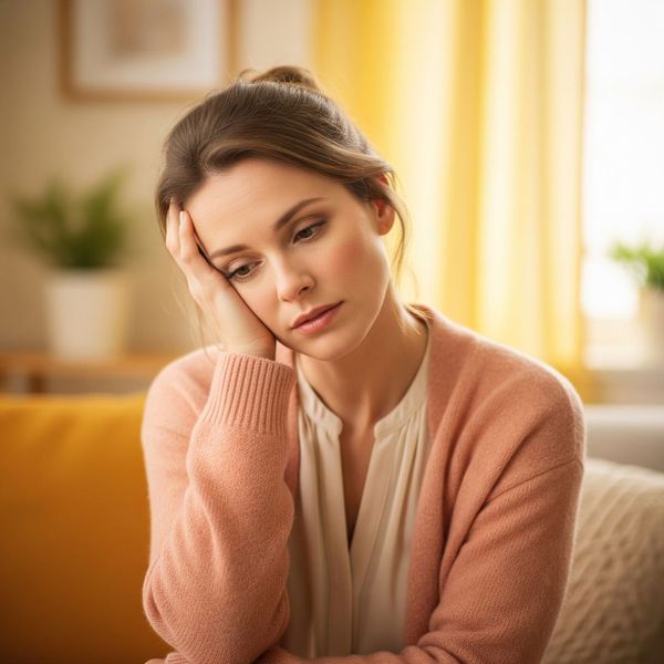 a woman gently holding her head, conveying mild discomfort