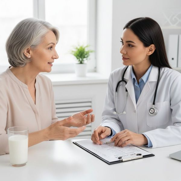 a physician in a white coat and a mature female patient in a consultation