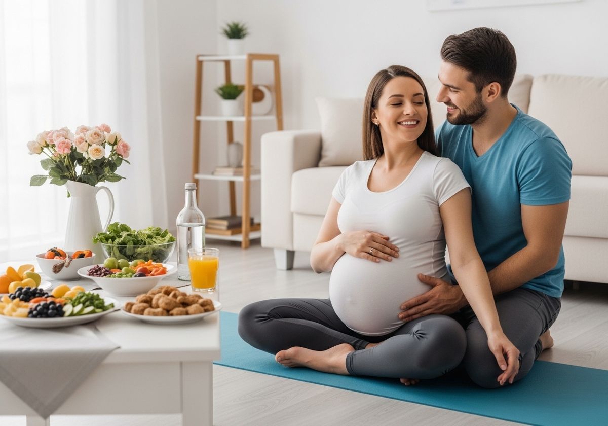 Loving Expectant Couple with Healthy Food