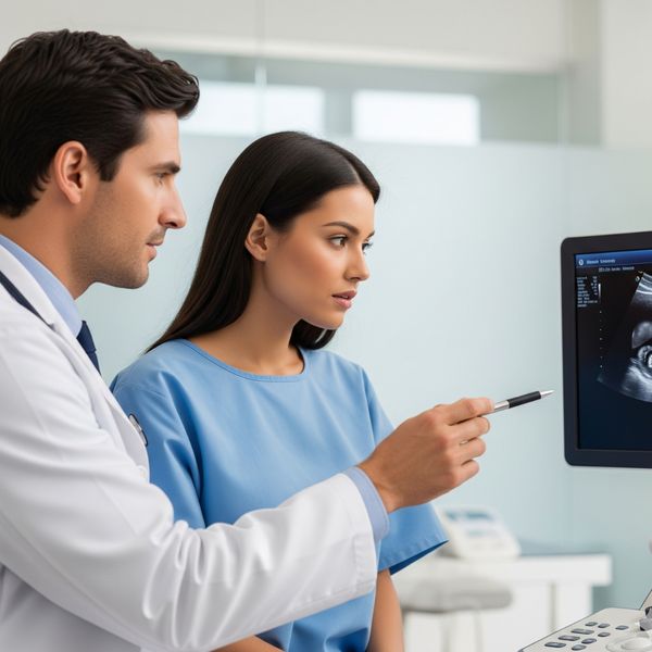 doctor and woman looking at diagnostics