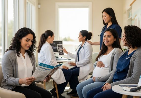 In a well-lit doctor's office waiting room, five women gather. Two doctors in white coats are present, one showing an ultrasound to the other. A pregnant woman in a white shirt and grey sweater sits smiling with her hand on her belly as a nurse in blue scrubs places a hand on the doctor's shoulder. Another woman in a grey sweater reads a brochure titled 'Preconception Care Consulting.' Pregnant Women at Doctor's Office