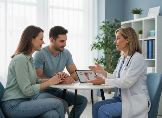 Female doctor explaining reproductive health to a young couple with a uterus diagram