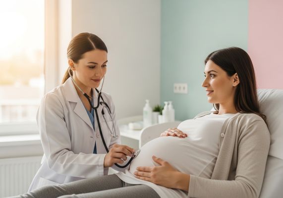A doctor with a stethoscope examines a pregnant woman lying on a hospital bed, ensuring the well-being of both mother and child during a prenatal checkup. Pregnant Woman Examined by Doctor