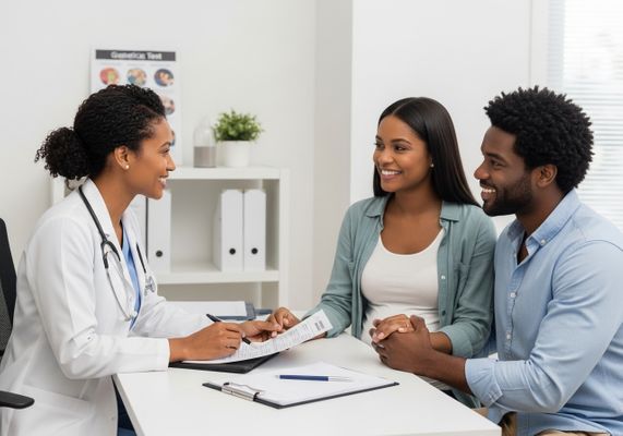 A smiling couple sits at a table in a doctor's office, holding hands and reviewing paperwork with their doctor, who is also smiling. The doctor is wearing a white coat and stethoscope. Couple Meeting with Doctor