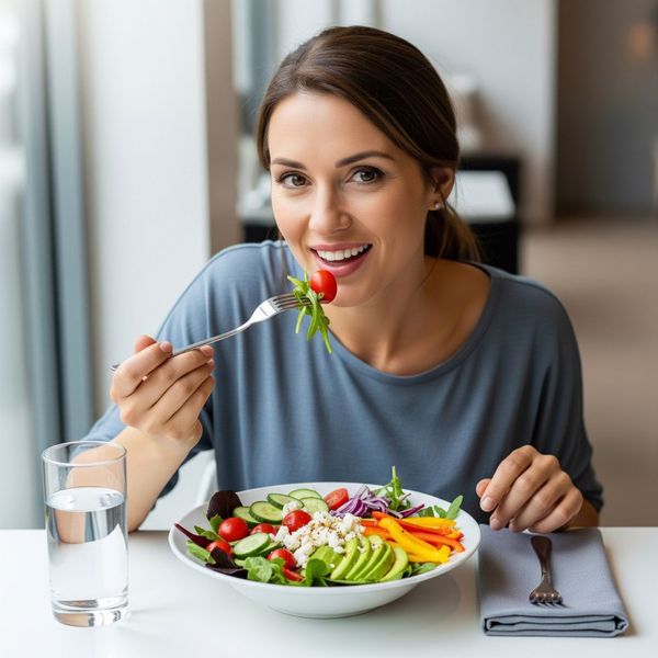 A smiling woman eating a healthy and colorful salad