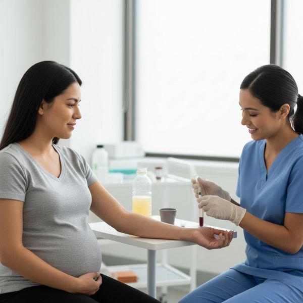 A smiling pregnant woman is seated, looking at a nurse who is drawing a blood sample from her arm. This image represents the screening process for conditions like gestational diabetes.