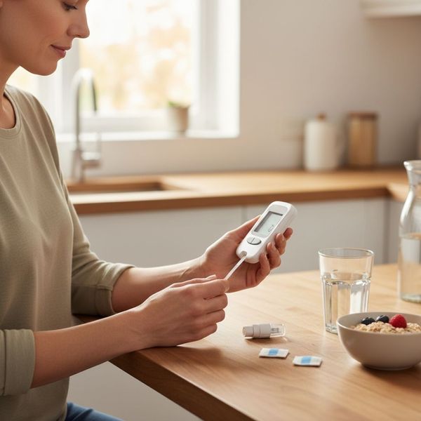 A close-up view of a woman seated at a wooden table using a white blood glucose meter and a test strip to monitor her blood sugar. In the foreground is a bowl of oatmeal with berries, suggesting management through dietary control.