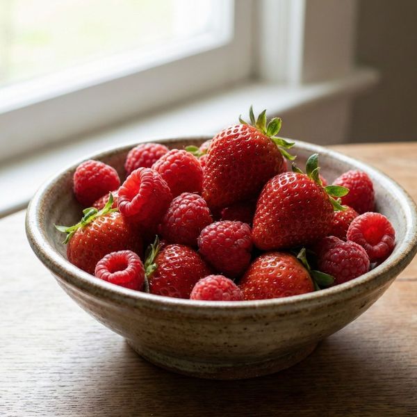 Fresh red berries in a ceramic bowl on a wooden table.