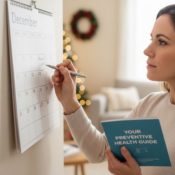 A woman with brown hair, wearing a light sweater, thoughtfully marks "Annual Exam" with a red circle on a December wall calendar. She holds a blue brochure titled "YOUR PREVENTIVE HEALTH GUIDE" in her left hand.