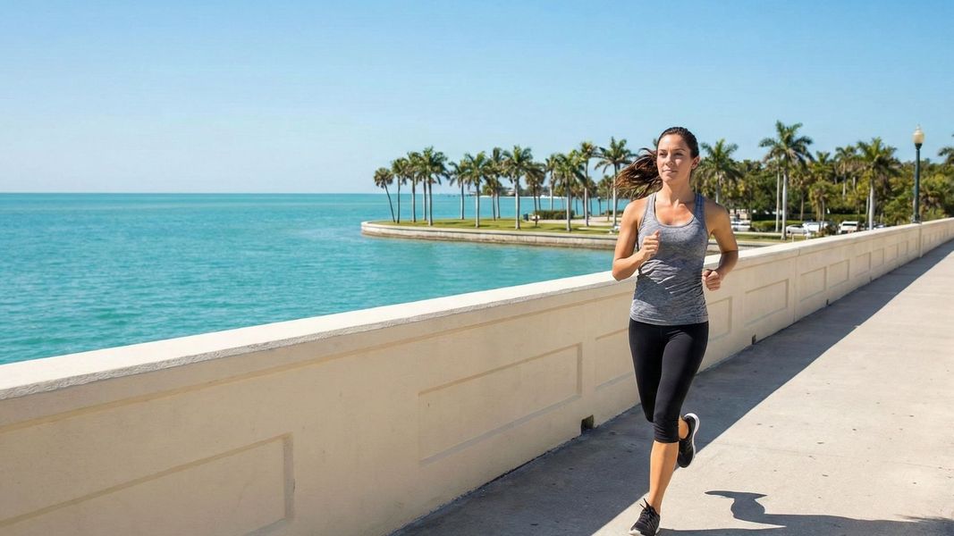 A woman jogging on a sunny Sarasota bridge with water and palm trees. A woman jogging on a sunny Sarasota bridge with water and palm trees.
