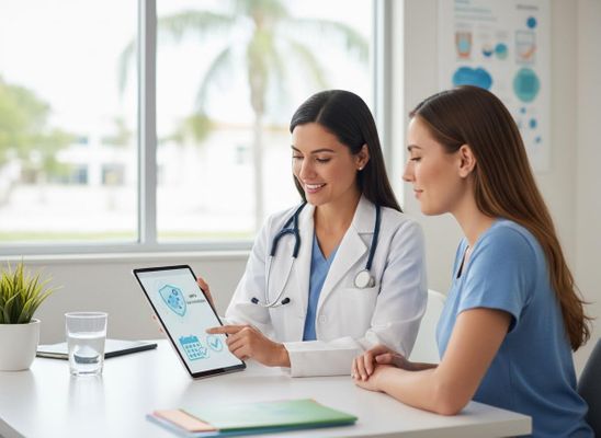 Doctor and Patient Discussing HPV Vaccination on Tablet