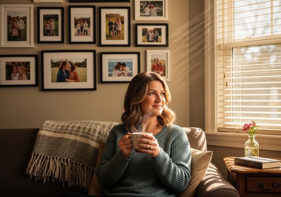 A serene image of a middle-aged woman relaxing on a couch with a steaming cup of coffee, basking in the sunlight streaming through the window, with a gallery of family photos adorning the wall behind her, suggesting a warm, family-oriented atmosphere. Woman Enjoying Coffee at Home
