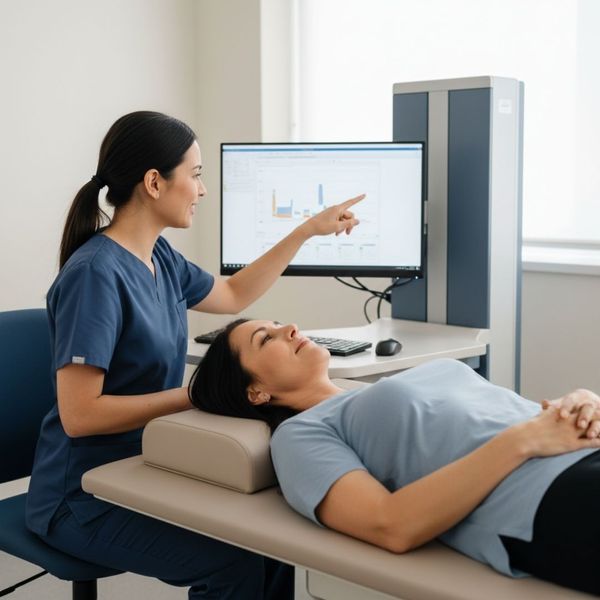 A professional and reassuring scene in a modern medical office where a female healthcare provider and a mature woman look together at a digital tablet. They are engaged in a calm discussion, representing the process of reviewing diagnostic screenings and b