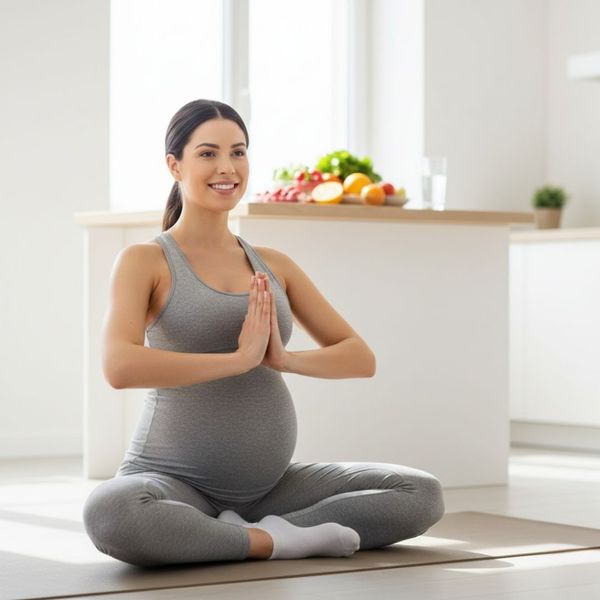 A smiling pregnant woman in athletic wear sits cross-legged on a yoga mat with her hands in a prayer pose. The bright, modern kitchen background features fresh fruits and vegetables, emphasizing healthy diet and exercise during pregnancy.