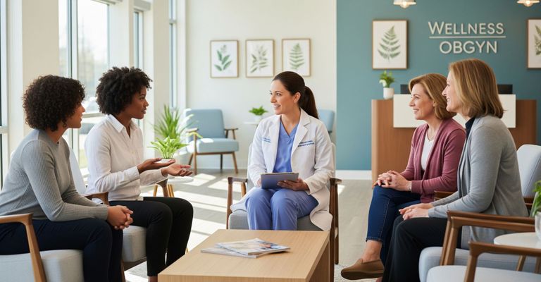 A friendly female doctor discussing with a diverse group of women at the University Park OBGYN office