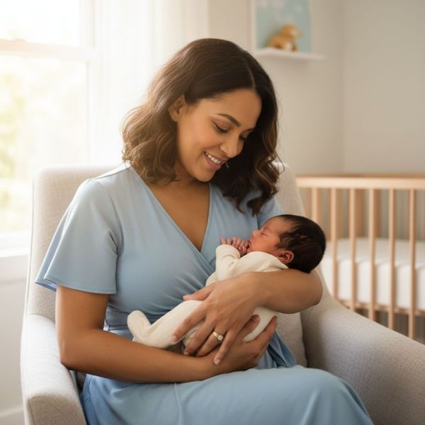 A smiling new mother wearing a light blue dress sits in a comfortable chair, tenderly holding her newborn baby who is swaddled and sleeping. The scene is softly lit, symbolizing a positive outcome and postpartum well-being.