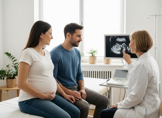 Pregnant couple viewing ultrasound with doctor