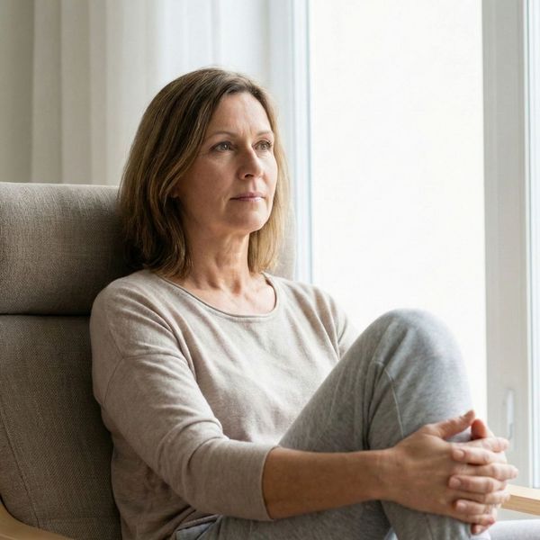 middle-aged woman sitting thoughtfully by a window.