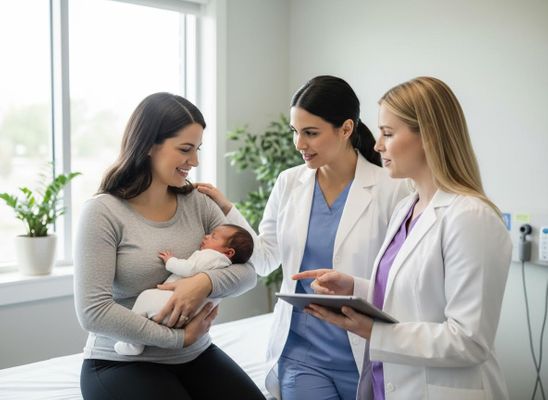New mother with newborn baby consulting with medical professionals