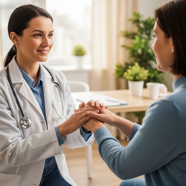Doctor and patient discussing treatment in a supportive environment. Doctor and patient discussing treatment in a supportive environment.