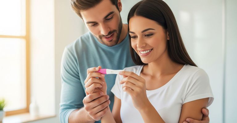 A hopeful couple smiles while looking at a positive pregnancy test