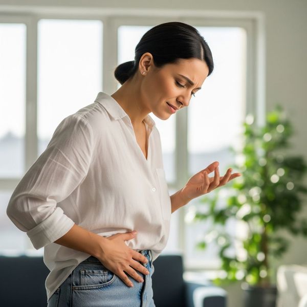 A woman holding her lower abdomen, indicating the mild pain of ovulation