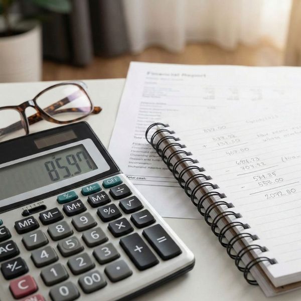 calculator displaying a number next to a notebook with handwritten financial figures