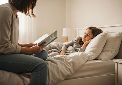 A woman is reading a book to a child who is lying in bed. The child is looking at the woman with interest, and the woman is smiling. Bedtime Story