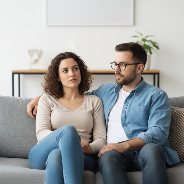 A man with glasses has his arm around a woman as they sit on a grey sofa A man with glasses has his arm around a woman as they sit on a grey sofa