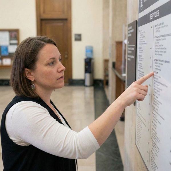 woman is pointing at a directory of services in the lobby of a public building