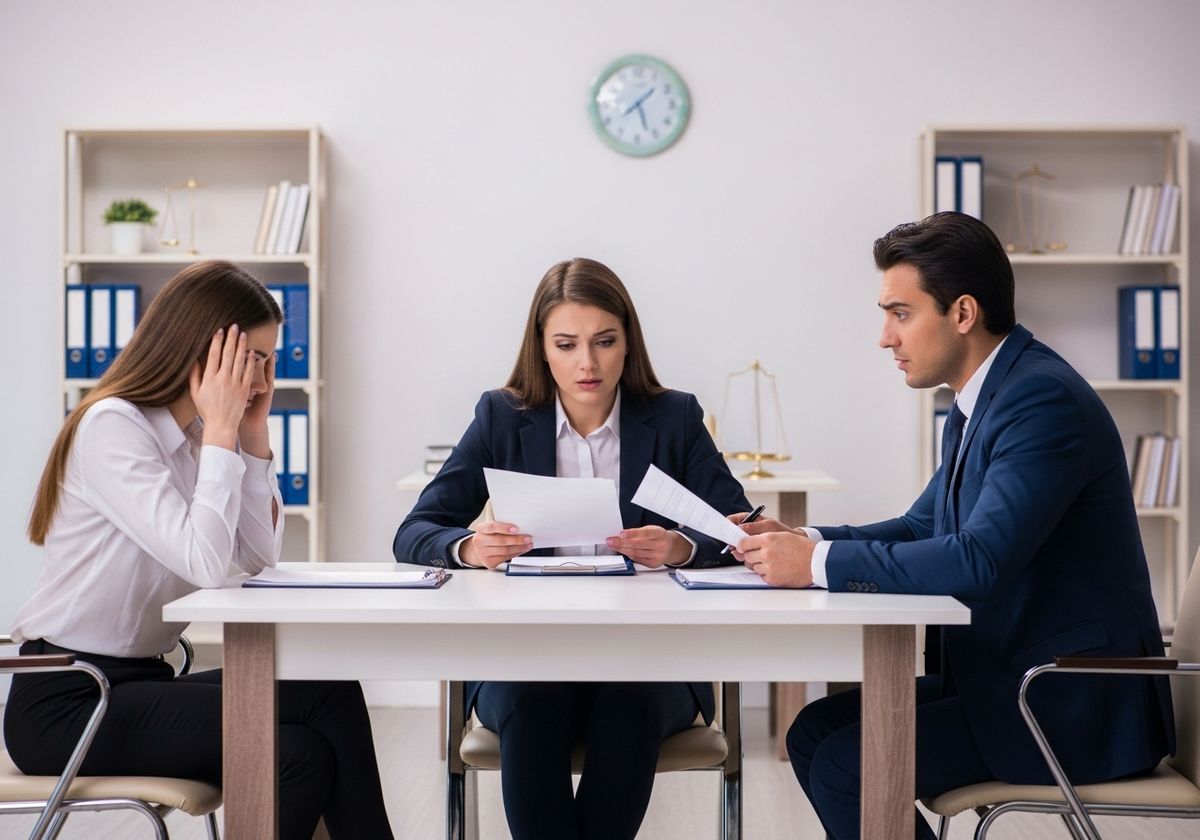 Disappointed woman meeting with lawyer