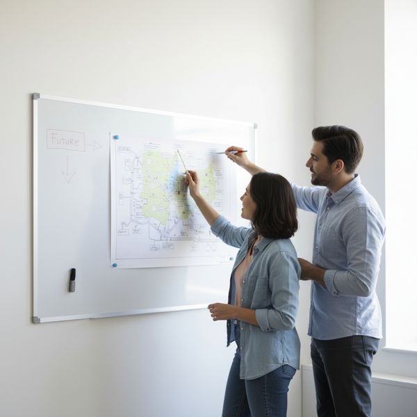 A man and a woman stand by a whiteboard, pointing at a map A man and a woman stand by a whiteboard, pointing at a map