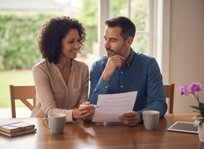 Couple Reviewing Documents at Home